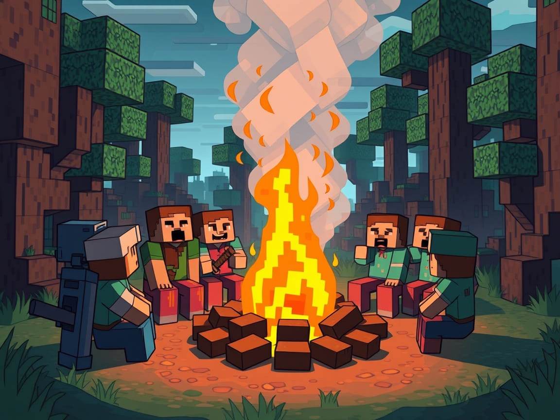 A group of players gathered around a large digital campfire in a Minecraft world.